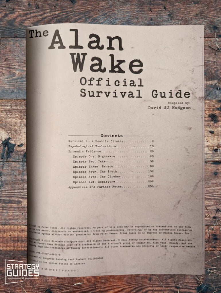 Alan Wake Official Survival Guide Contents